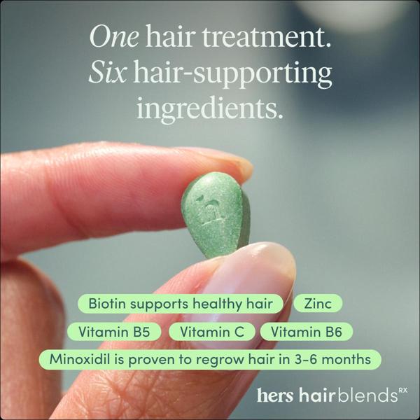A close-up photograph of a finger holding a single hair supplement pill, with clear text overlays listing six key supporting ingredients and their benefits.